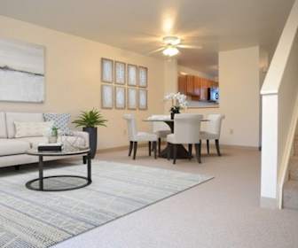 living room featuring a ceiling fan and carpet, Payne Hill