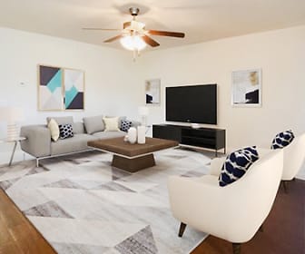 living room featuring a ceiling fan, hardwood flooring, and TV, Brickyard