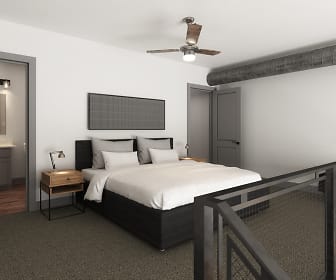 bedroom featuring hardwood floors and a ceiling fan, The Wright & Wagner Lofts Apartments