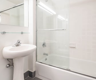 bathroom with sink, shower / bath combination with glass door, and mirror, Longacre House