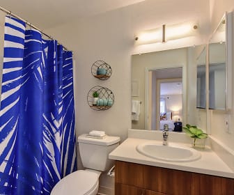 full bathroom with vanity, toilet, multiple mirrors, tub / shower combination, and shower curtain, Canyon Terrace