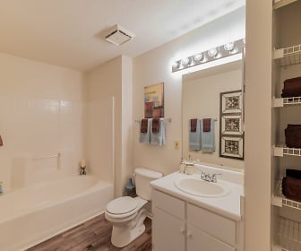 full bathroom with hardwood flooring, bath / shower combination, mirror, toilet, and vanity, Rivoli Run