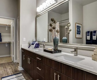 bathroom featuring hardwood floors, shower curtain, mirror, and double vanity, Junction at Galatyn Park