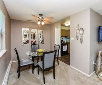 carpeted dining area featuring a ceiling fan, baseboard radiator, and TV, Camp Hill Plaza Apartment Homes