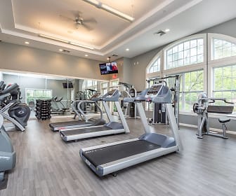 workout area with a ceiling fan, parquet floors, natural light, and TV, The Ledges