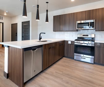 kitchen with gas range oven, stainless steel appliances, pendant lighting, dark brown cabinetry, light hardwood floors, light countertops, and kitchen island sink, Circa Fitzsimons Apartments