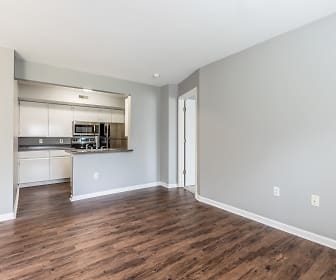 living room featuring hardwood floors, refrigerator, and microwave, Pheasant Run