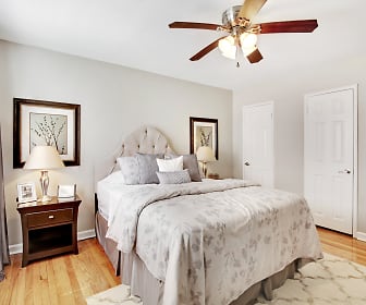 bedroom with a ceiling fan and hardwood flooring, Hutton Lafayette Apartments