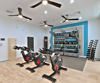 workout room featuring hardwood floors and a ceiling fan, Sur702