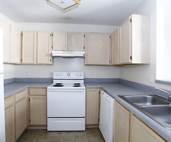 kitchen with refrigerator, dishwasher, ventilation hood, electric range oven, dark countertops, light brown cabinetry, and dark tile floors, Copperfield Apartments