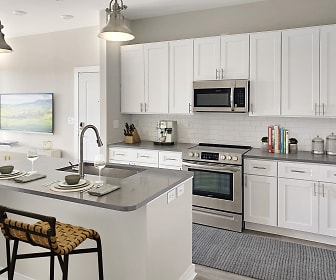 kitchen featuring stainless steel microwave, TV, electric range oven, white cabinetry, pendant lighting, and dark floors, Ansley Park