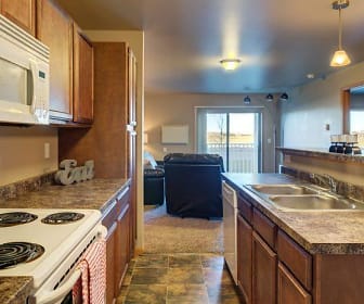kitchen with natural light, electric range oven, microwave, dark stone countertops, dark tile floors, pendant lighting, and brown cabinets, Sidney Apartments