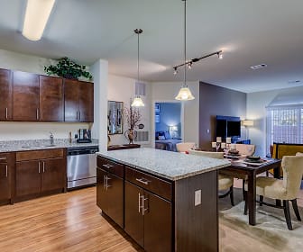 kitchen featuring a kitchen island, natural light, TV, stainless steel dishwasher, dark brown cabinetry, light hardwood floors, light granite-like countertops, and pendant lighting, The Reserve at Riverdale
