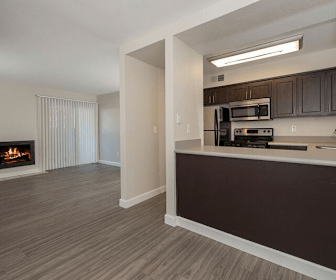 kitchen with a fireplace, stainless steel appliances, range oven, dark brown cabinetry, light parquet floors, and light countertops, Hazel Ranch