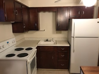 Kitchen with full size refrigerator and eclectic stove/oven and ceiling fan